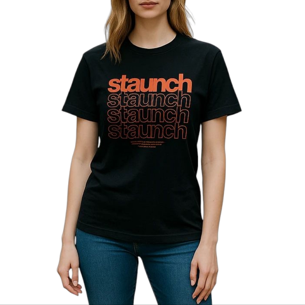 Staunch Black Graphic T-Shirt with Orange Text